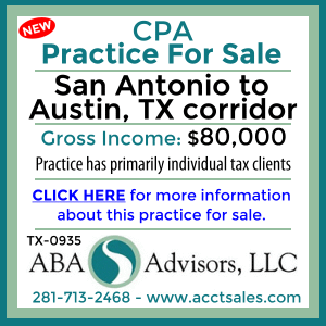 CLICK HERE to get more information on this AUSTIN SAN ANTONIO, TX area CPA Practice for Sale by ABA Advisors, LLC